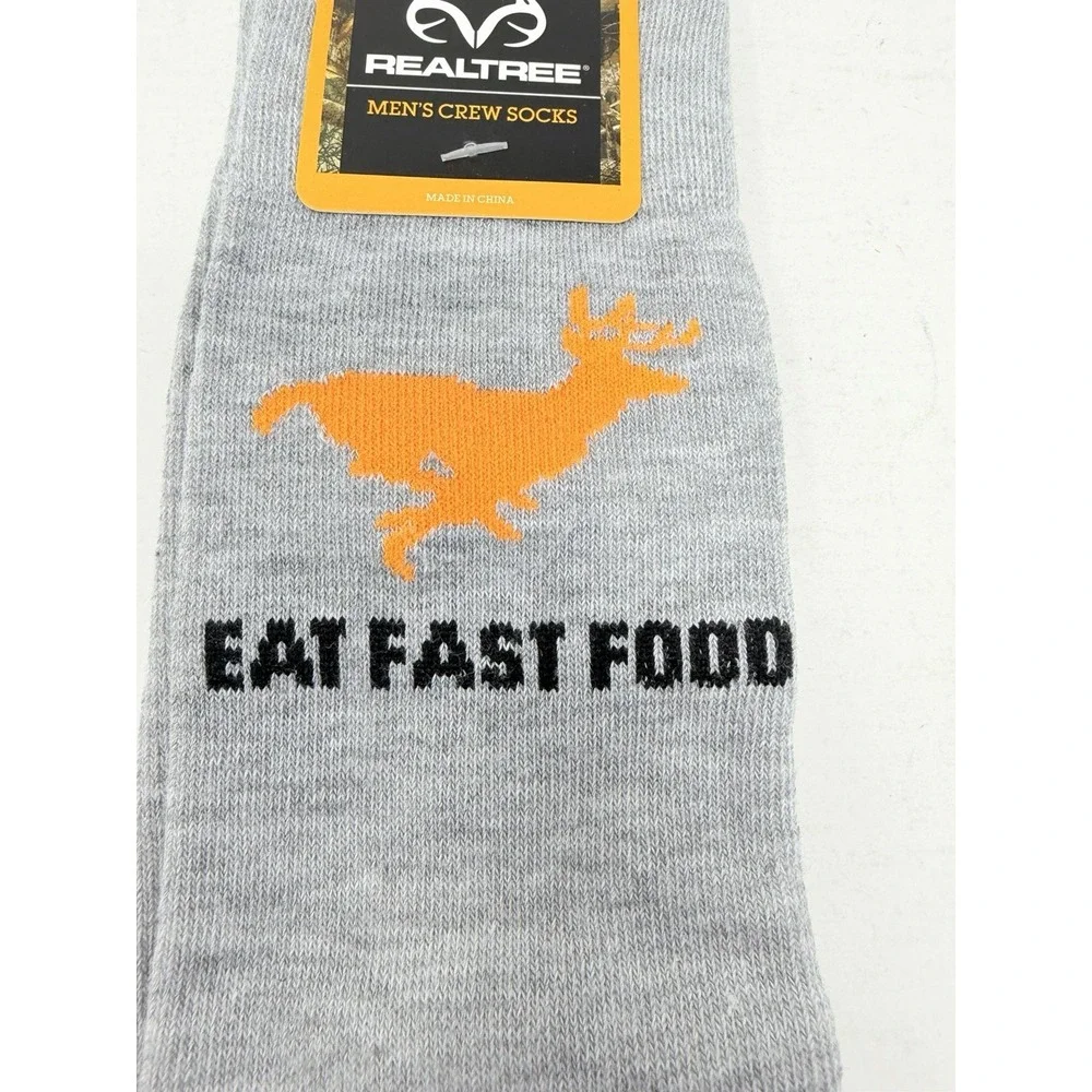 Realtree Mens Sock Size 10-13 Eat Fast Food Deer Hunting Crew Socks in Gray 2392